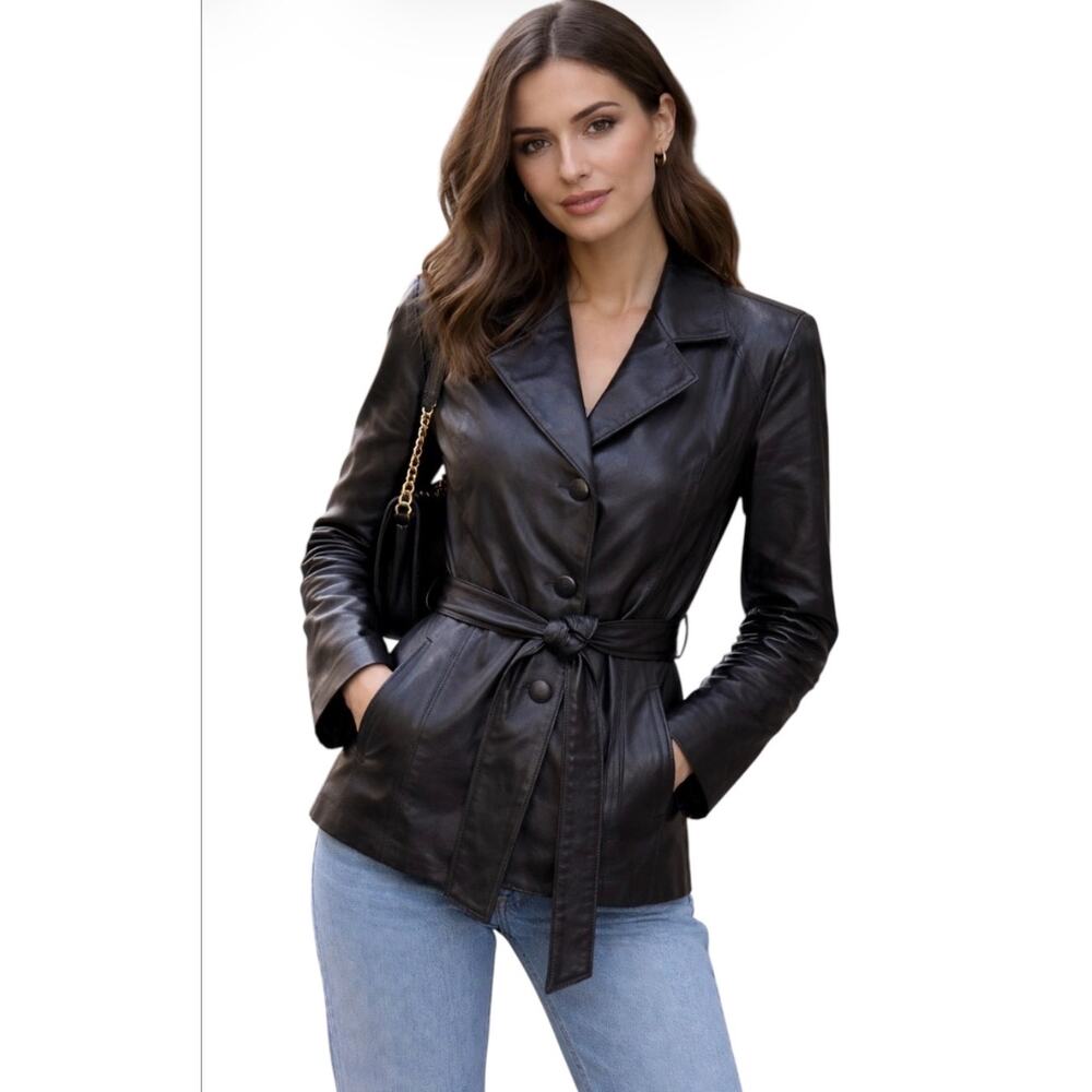Comint Leather‎ Jacket Womens Size Small Black Tie Front Long Sleeve